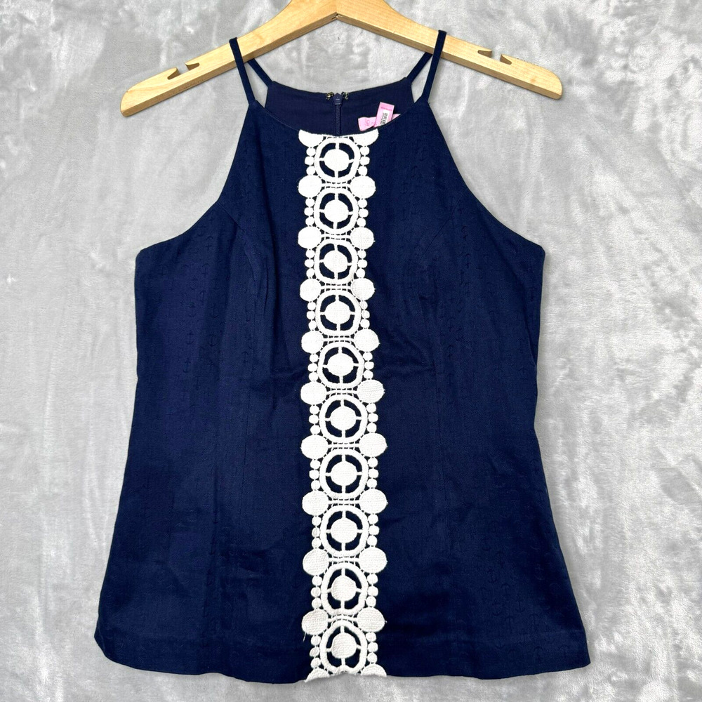 Lilly Pulitzer Navy Blue Halter Tank with White Crochet Trim